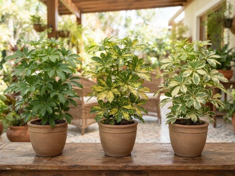 Três chefleras anãs em vasos sobre bancada de madeira, com folhas verdes, amarelo-douradas e variegadas em verde e creme.