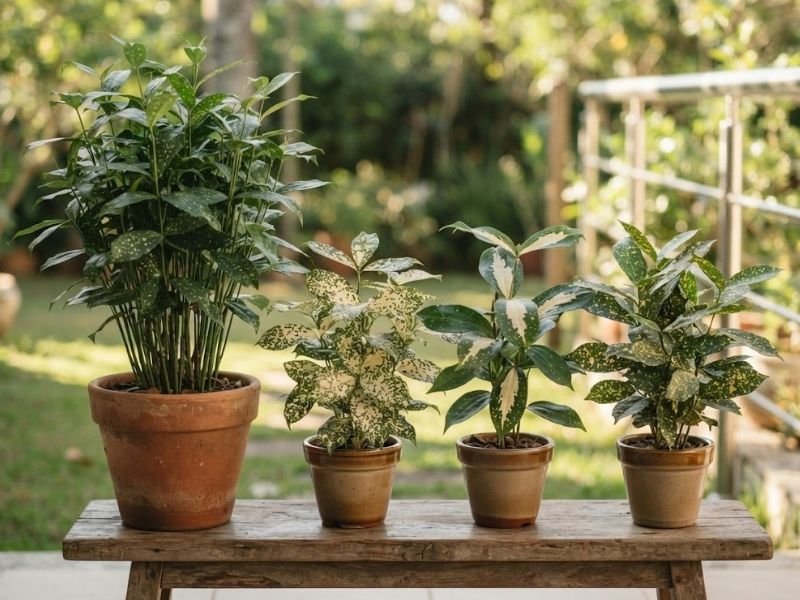 Quatro apresentações de dracena surculosa em vasos, com diferenças no porte e nos padrões de manchas das folhas.