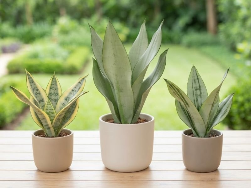 Três seleções de Sansevieria Moonshine em vasos separados, com folhas prateadas, variegadas de amarelo e listradas de verde.