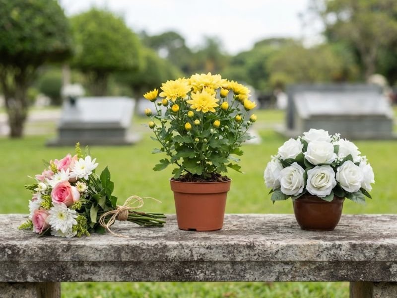 Buquê natural, vaso de crisântemos amarelos e arranjo de rosas artificiais sobre um banco no cemitério.