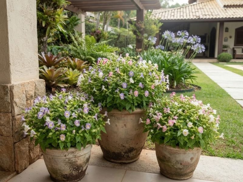 Torênias compactas com flores lilás, rosa e branco cultivadas em três vasos