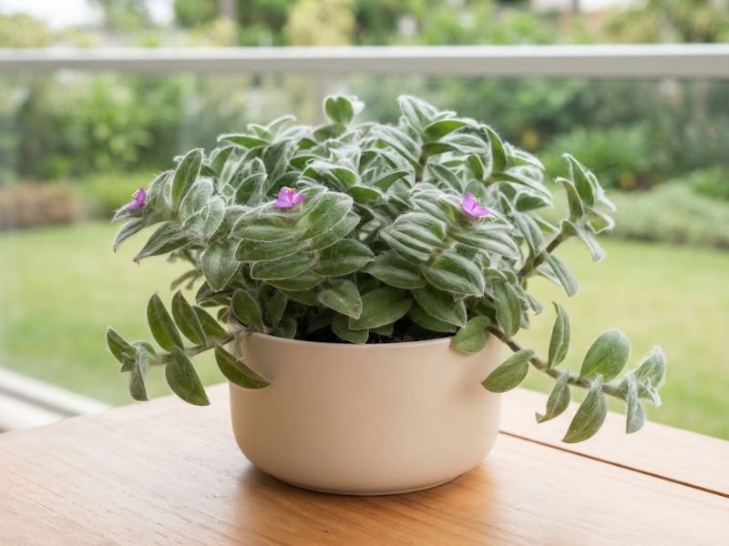 Tradescantia sillamontana com ramos pendentes e pequenas flores rosas em vaso liso claro sobre mesa de madeira.