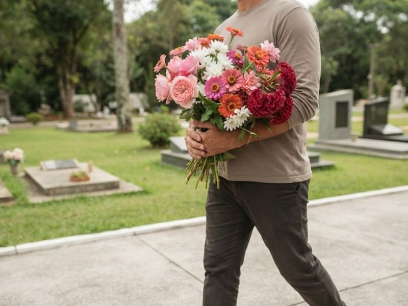 Pessoa caminhando pelo cemitério com um buquê misto de flores junto ao corpo, segurado pelas duas mãos.