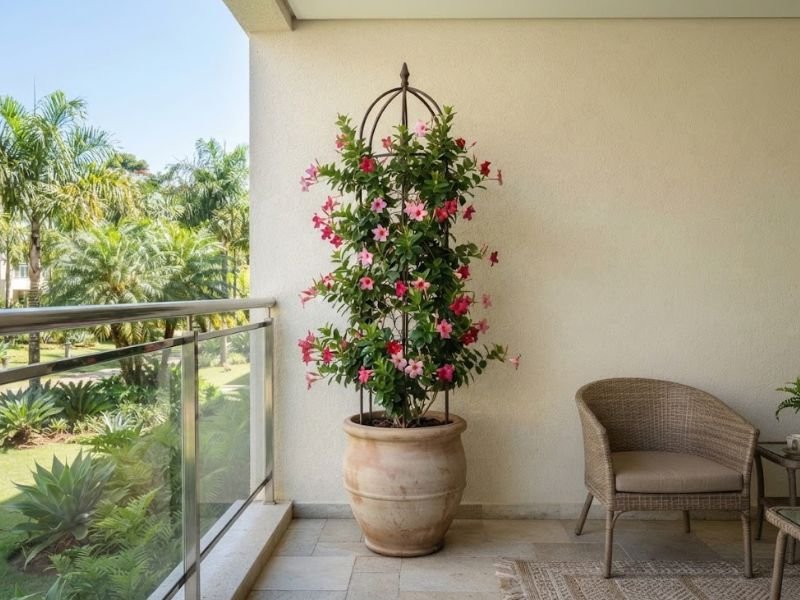 Trepadeira florida em vaso com treliça em varanda residencial