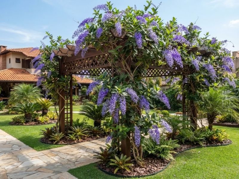 Flor-de-São-Miguel adulta cobrindo estrutura de madeira em jardim ensolarado