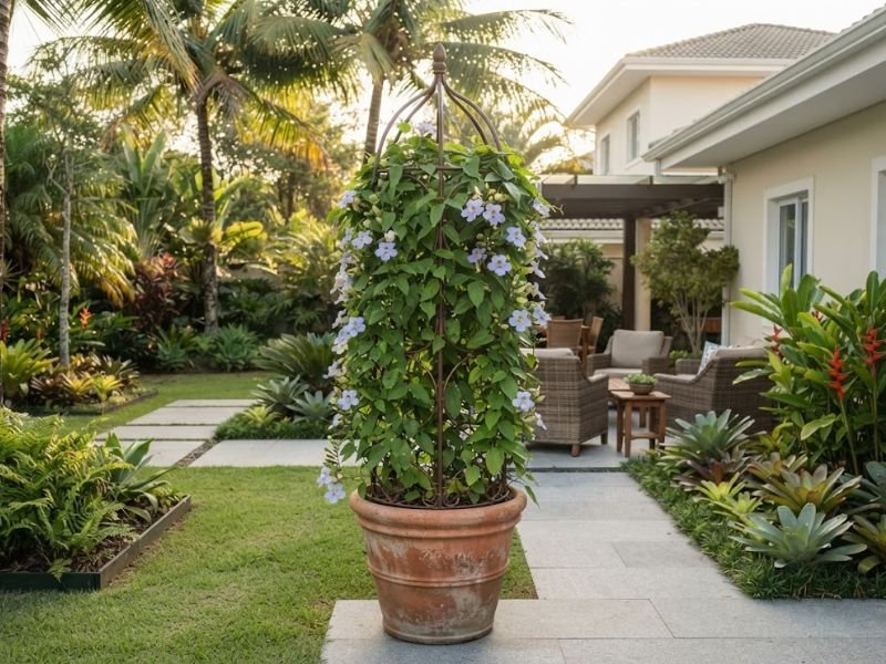 Trepadeira florida em vaso grande integrada ao paisagismo do jardim