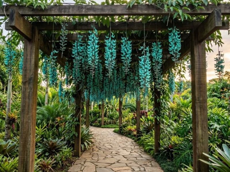 Trepadeira jade com cachos azul esverdeados pendendo de pergolado