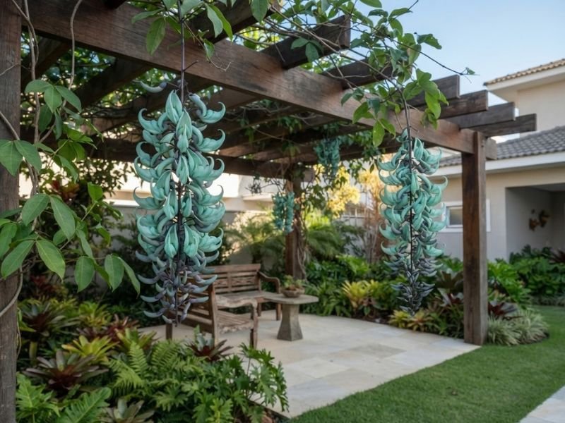 Cachos de flores verde-turquesa de trepadeira jade pendurados em um pergolado de madeira.