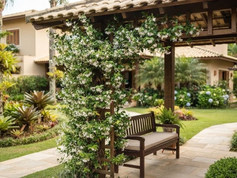 Trepadeira branca florida próxima a banco em jardim residencial