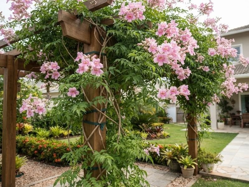 Trepadeira sete léguas com flores rosadas em pergolado amplo