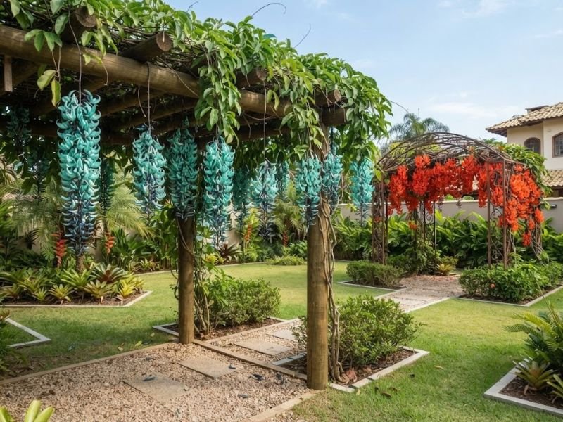 Trepadeira jade azul e jade vermelha com cachos pendentes em pergolados