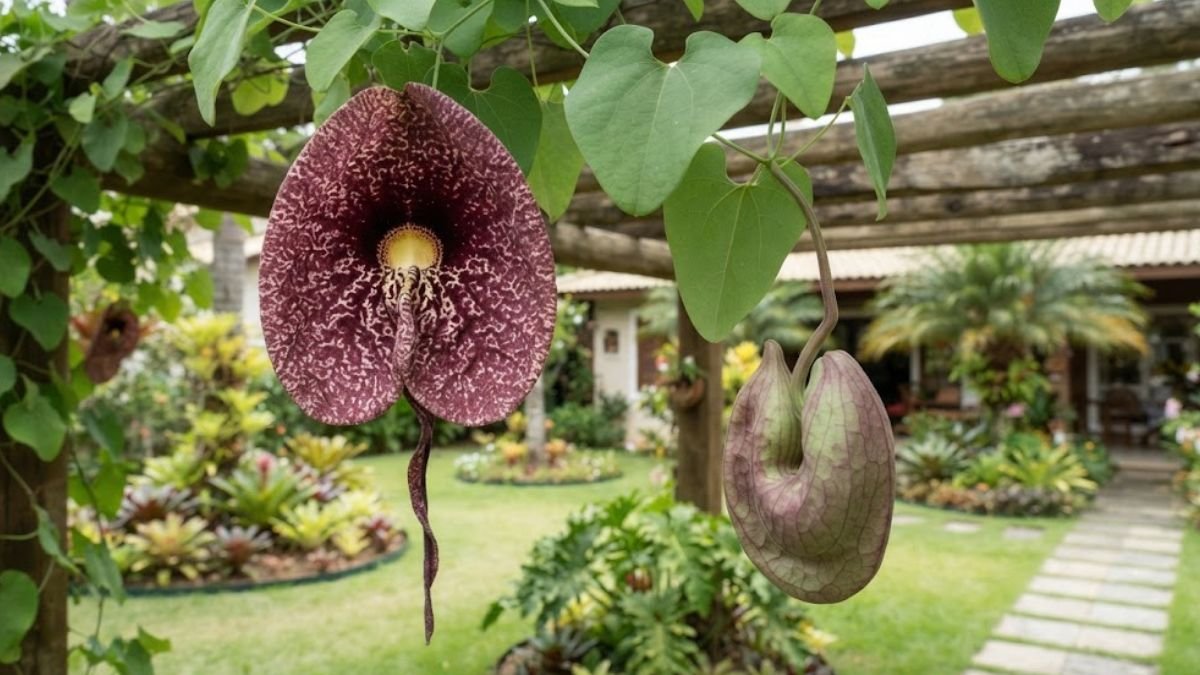 Trepadeiras exóticas com flor papo de peru aberta e botão pendente
