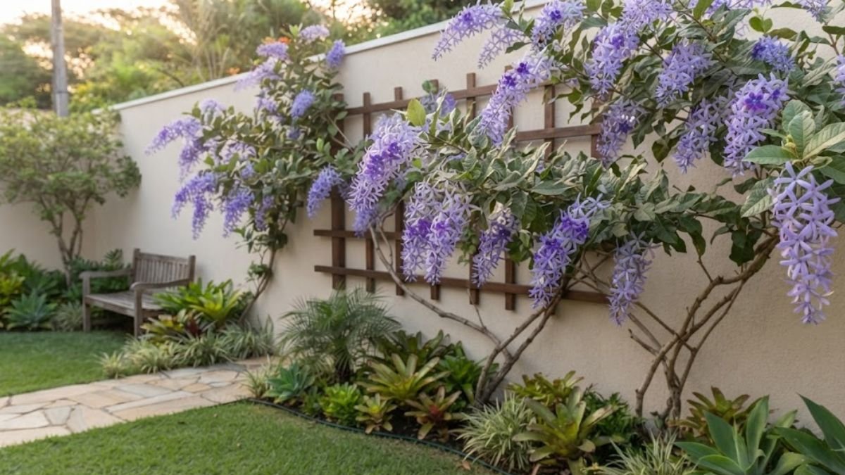 Flor de São Miguel em treliça de madeira, uma das trepadeiras para muro com flores, em jardim residencial.