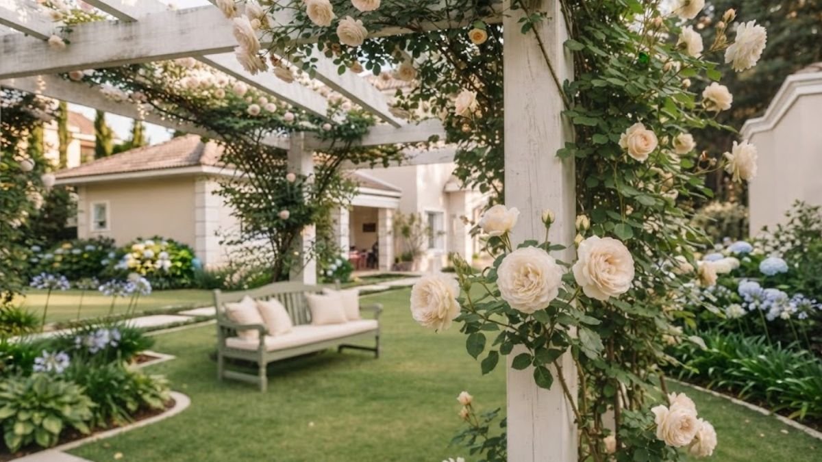 Trepadeiras para pergolado: roseira de flores creme em estrutura branca, com banco verde ao fundo.