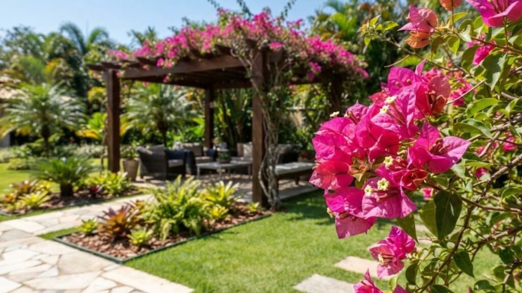 Trepadeiras para sol pleno com Bougainvillea rosa em primeiro plano e pergolado ao fundo