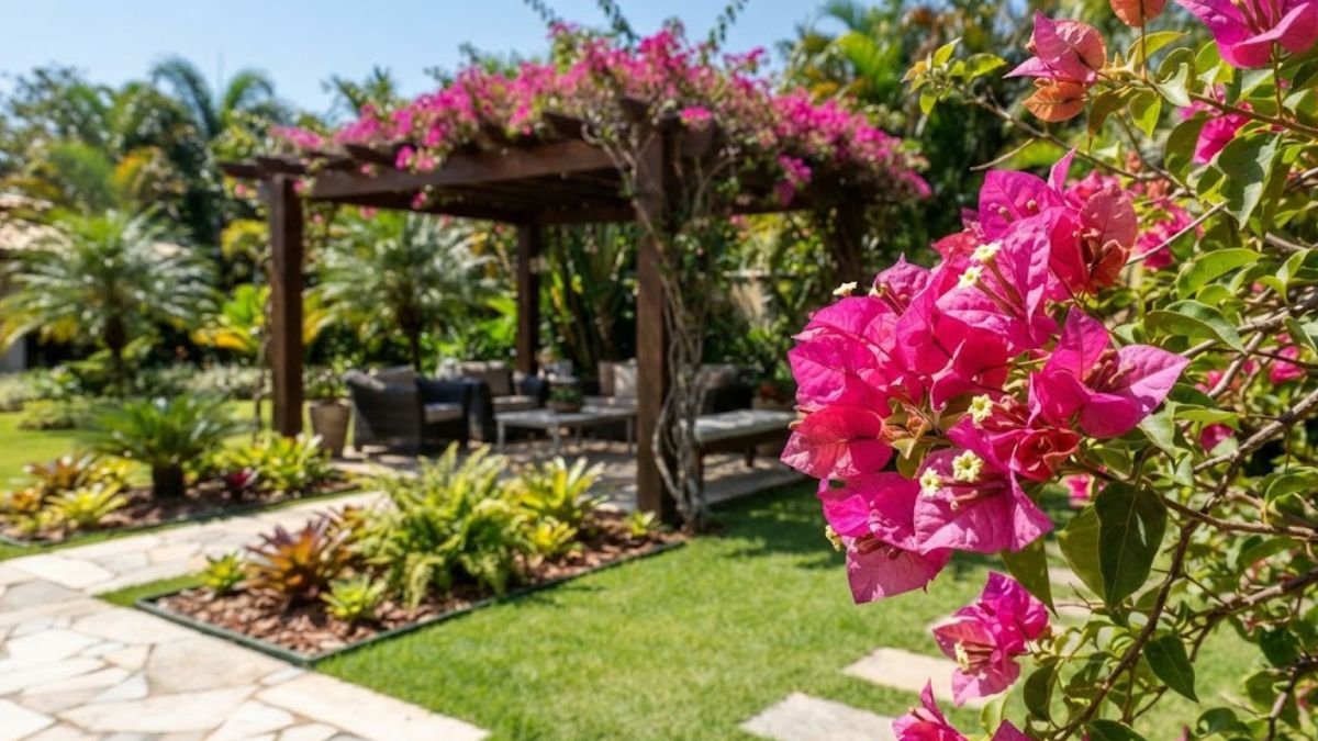 Trepadeiras para sol pleno com Bougainvillea rosa em primeiro plano e pergolado ao fundo
