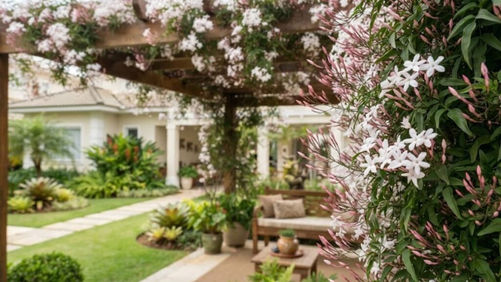 Trepadeiras perfumadas com jasmim dos poetas florido em pergolado