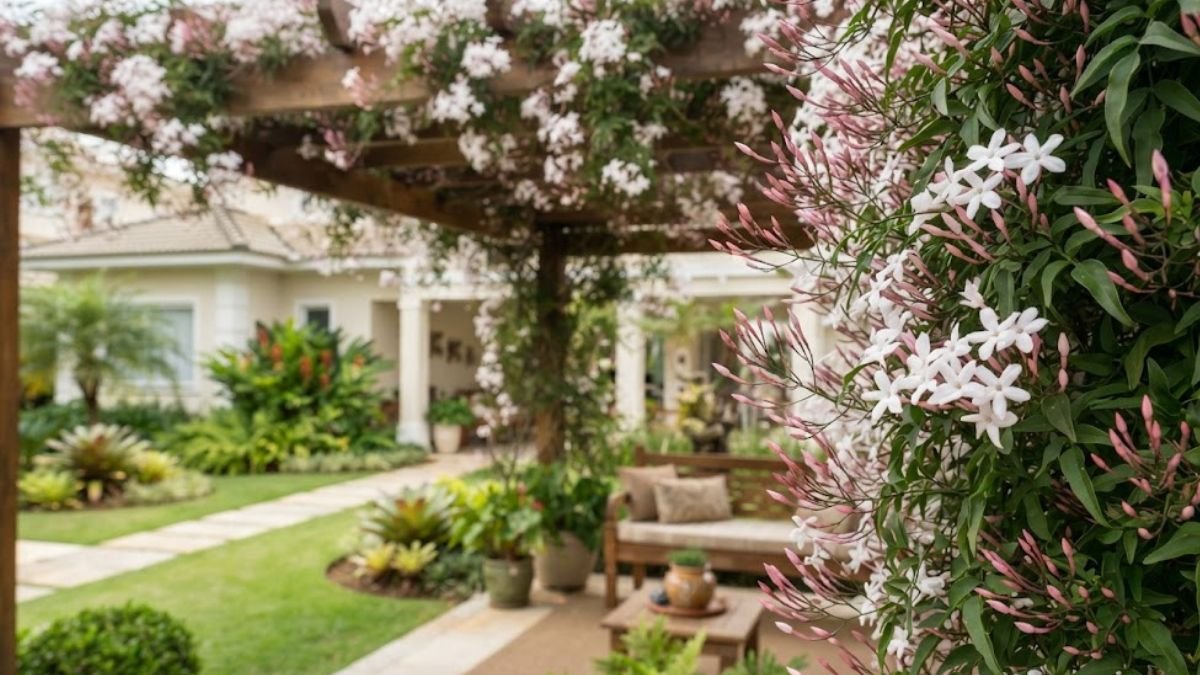 Trepadeiras perfumadas com jasmim dos poetas florido em pergolado