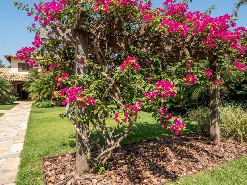 Bougainvillea rosa saudável cultivada sob sol forte em jardim residencial