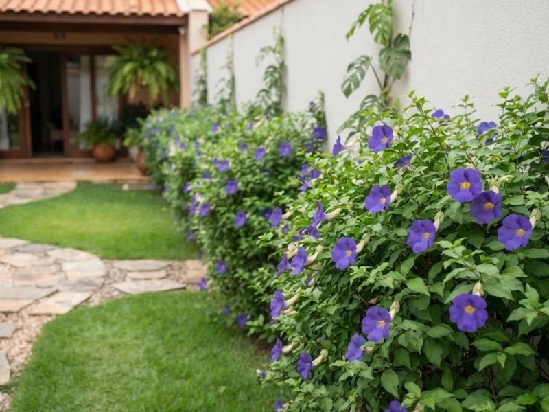 Tumbérgia arbustiva com flores azul-violeta de centro amarelo formando cerca viva junto ao muro.
