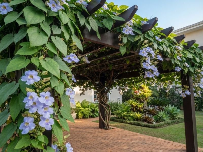 Flores azuladas e folhas de tumbérgia sobre pergolado de madeira com piso de tijolos.