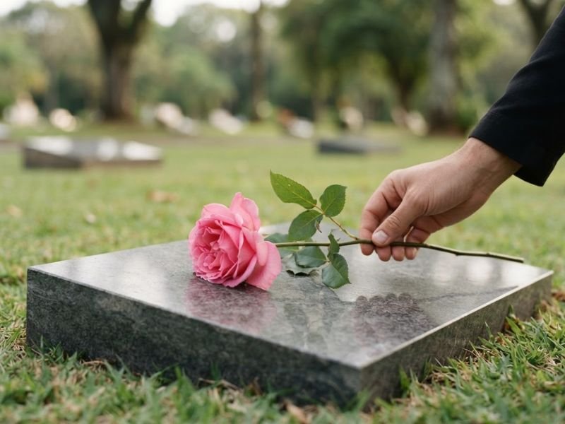 Mão colocando uma única rosa rosada sobre uma sepultura baixa de granito.