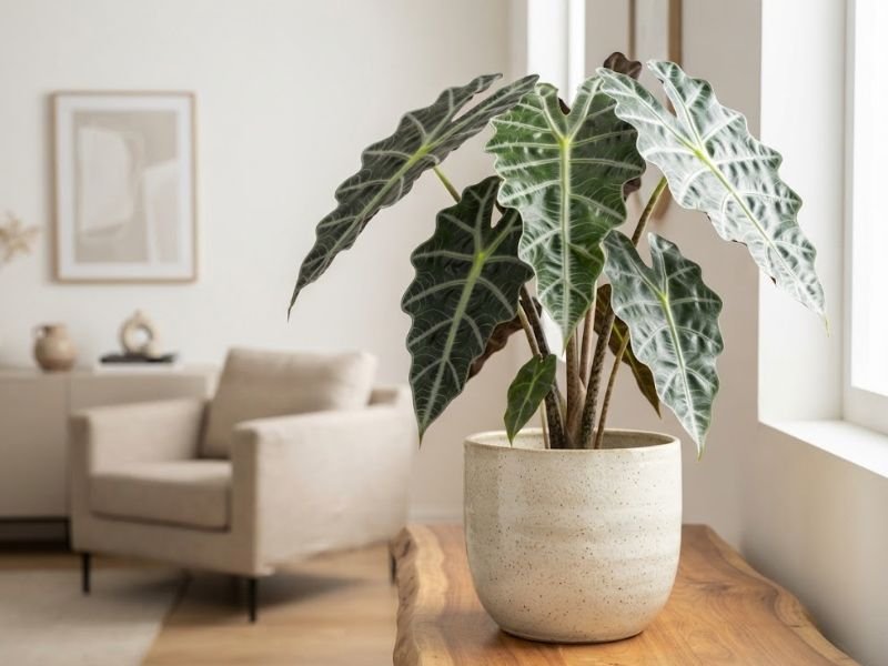 Alocasia amazônica saudável em vaso de cerâmica clara sobre aparador, com folhas ornamentais verde-escuras em sala iluminada.