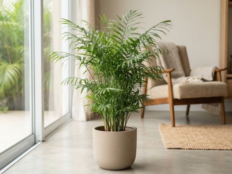 Camedórea elegante adulta em vaso claro no piso de sala aconchegante, com folhagem verde delicada próxima à janela.
