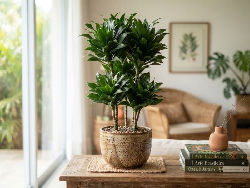 Dracena compacta saudável em vaso decorativo sobre aparador de madeira, com folhagem densa e ambiente interno iluminado.