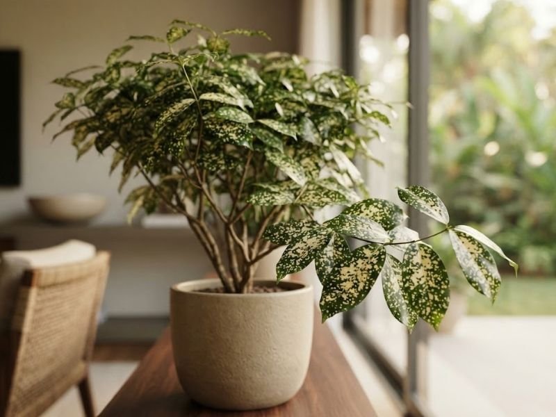 Dracena surculosa ornamental em vaso claro sobre aparador, com folhas pintadas próximas de uma janela.