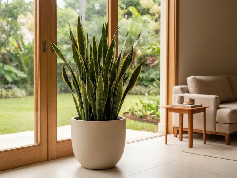 Espada de Santa Bárbara adulta em vaso bege, decorando sala iluminada com sofá claro e vista para um jardim.