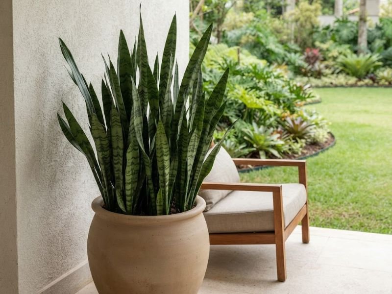 Espada de São Jorge verde adulta em vaso de cerâmica bege, decorando varanda residencial com poltrona e jardim ao fundo.