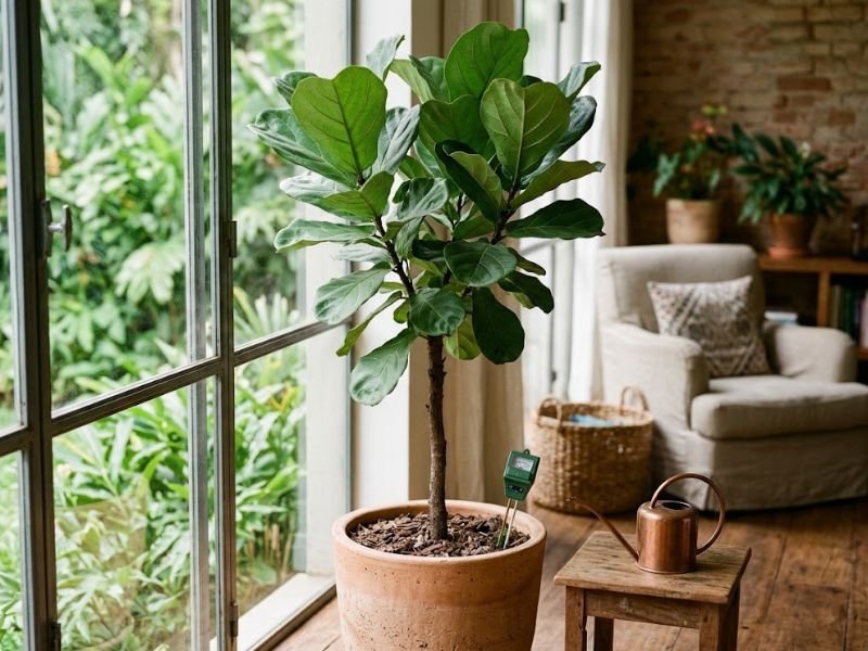 Ficus lyrata adulto em vaso grande, com folhas verdes e copa ramificada, decorando sala iluminada com vista para jardim.