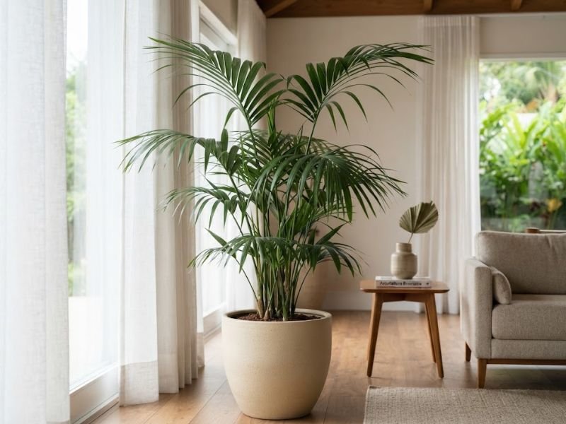 Palmeira kentia adulta em vaso bege no piso de sala elegante, com folhas longas e arqueadas próximas à janela iluminada.