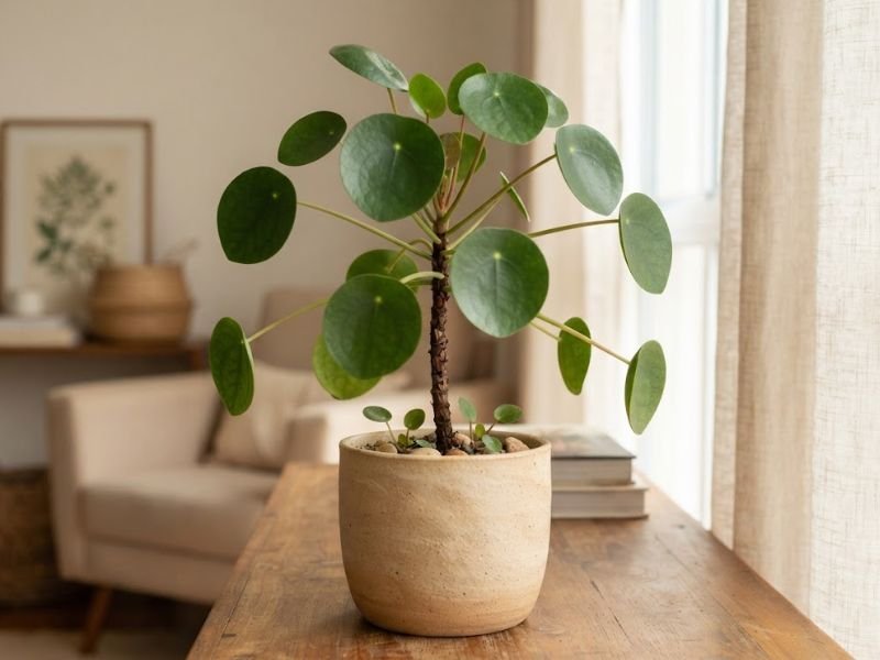 Pilea peperomioides adulta e saudável com folhas verdes semelhantes a moedas, cultivada em vaso bege sobre mesa de madeira.