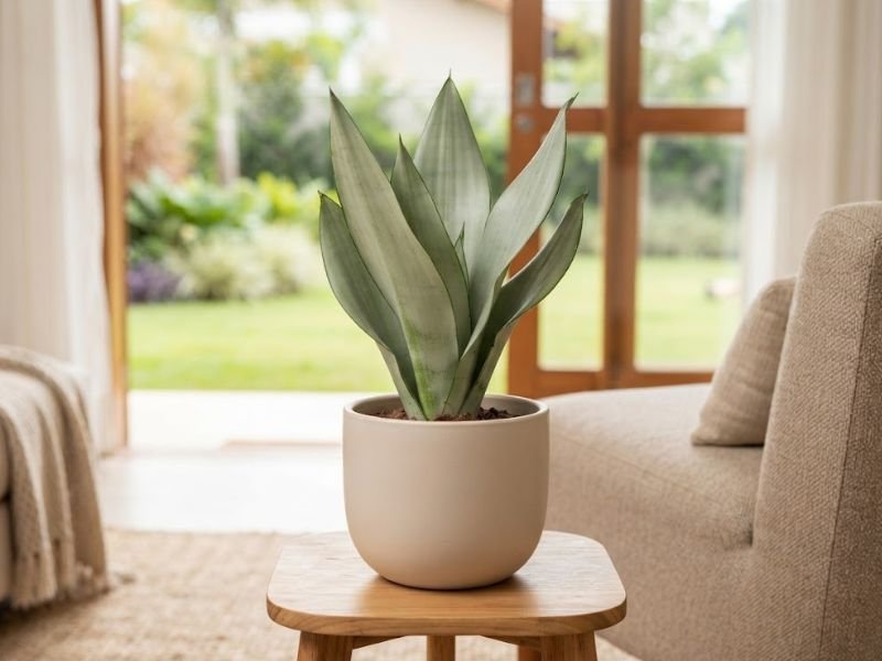 Sansevieria Moonshine em vaso bege sobre mesa lateral, decorando sala com sofá claro e vista para jardim.