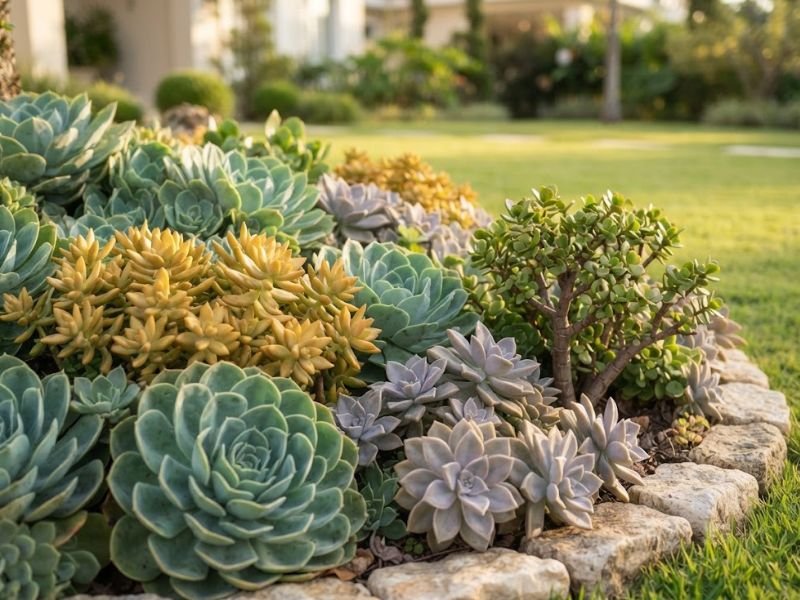 Canteiro bonito com suculentas de sol pleno em jardim residencial