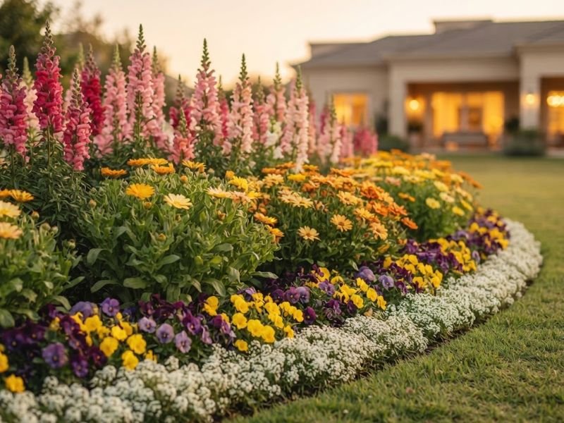 Jardim florido no inverno com boca-de-leão rosa, calêndula amarela, amor-perfeito roxo e bordadura branca de flor-de-mel.