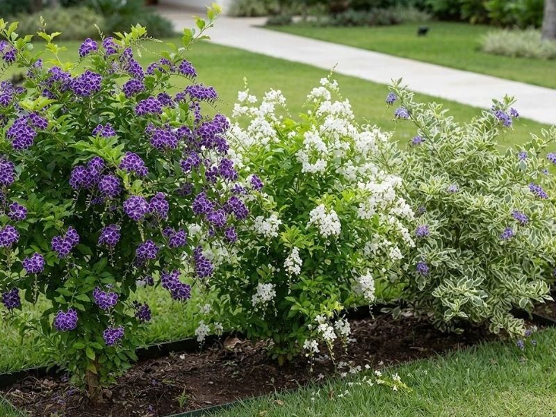 Durantas com flores violetas, flores brancas e folhas variegadas