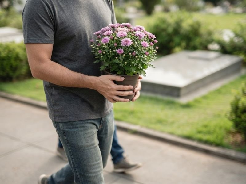 Pessoa caminhando pelo cemitério com um vaso de crisântemos lilases nas mãos.