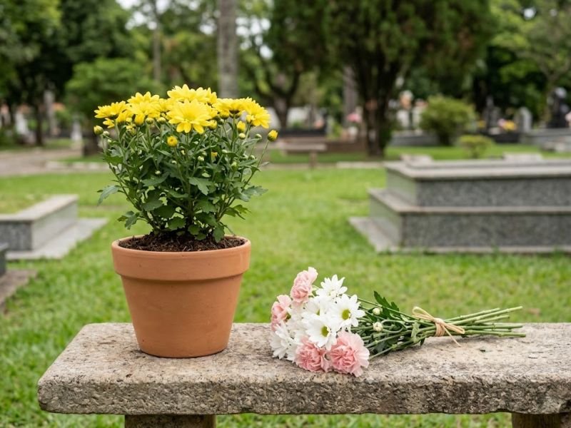 Crisântemo amarelo plantado em vaso ao lado de um ramalhete branco e rosa sobre um banco de pedra no cemitério.