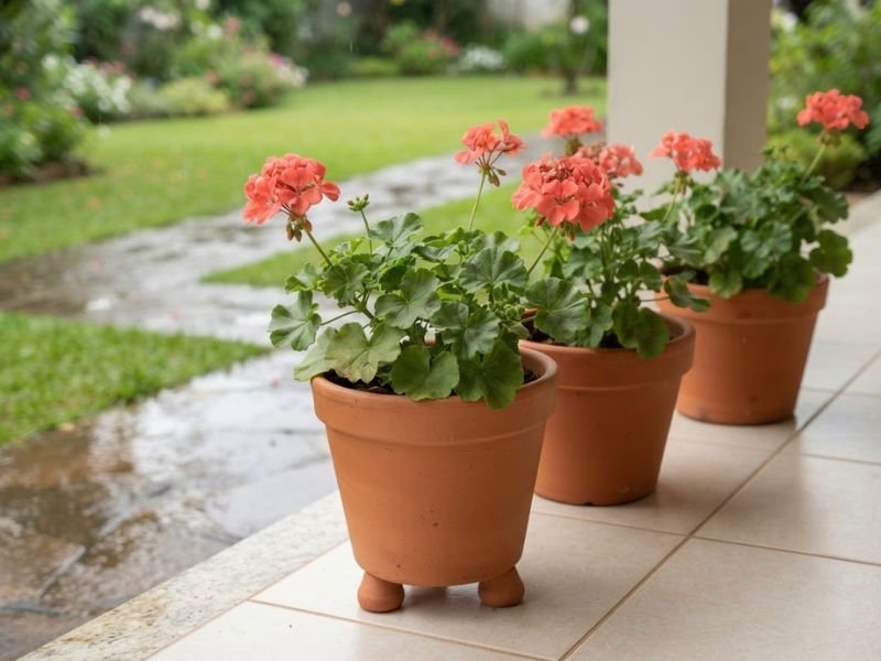 Vasos de terracota com gerânios floridos sob uma varanda coberta, junto ao jardim molhado.
