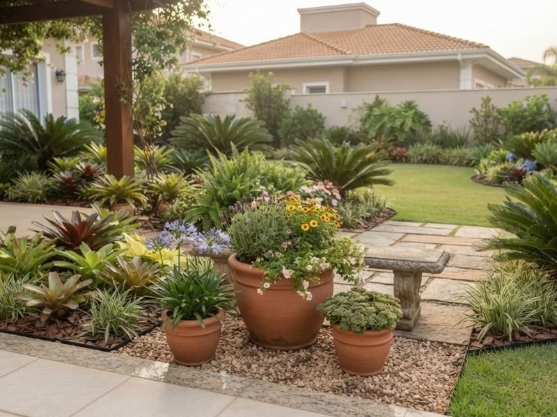 Vasos floridos integrados a um canto organizado do jardim residencial