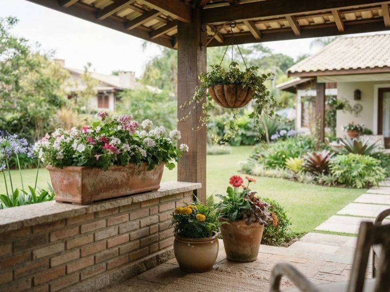 Flores cultivadas em jardineira, vaso suspenso e vasos no piso de varanda residencial