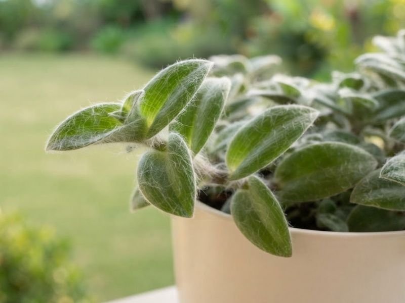 Detalhe dos pelos brancos finos sobre as folhas verdes do veludo-branco.