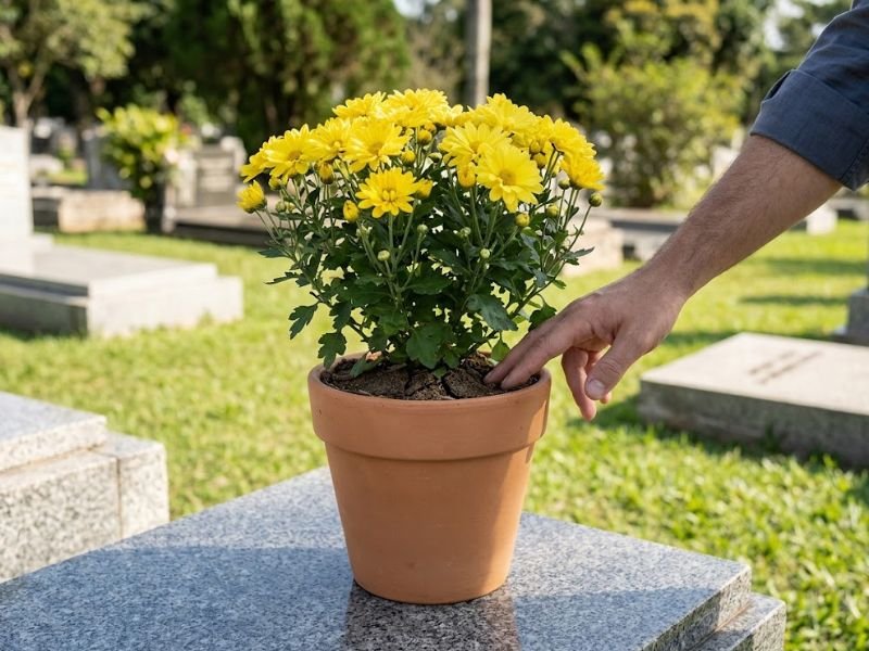 Mão tocando o substrato de um crisântemo amarelo em vaso sobre uma sepultura ensolarada.