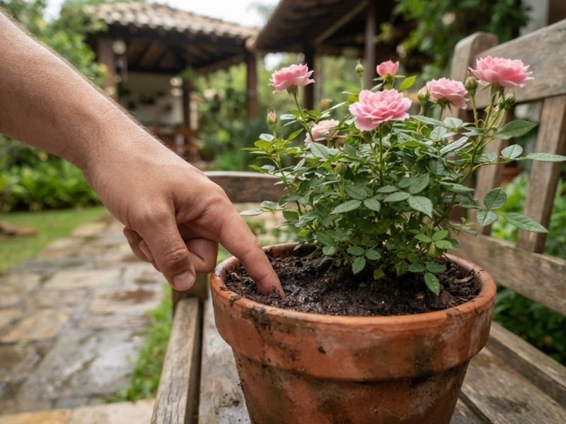 Dedo verificando a umidade do substrato de uma mini roseira com flores rosadas em vaso.