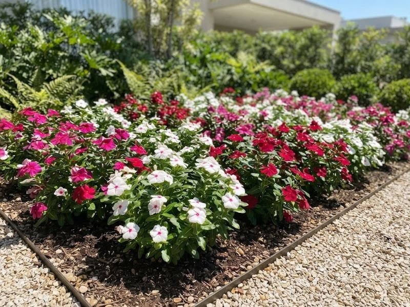 Vincas rosas, vermelhas e brancas cultivadas em canteiro ensolarado