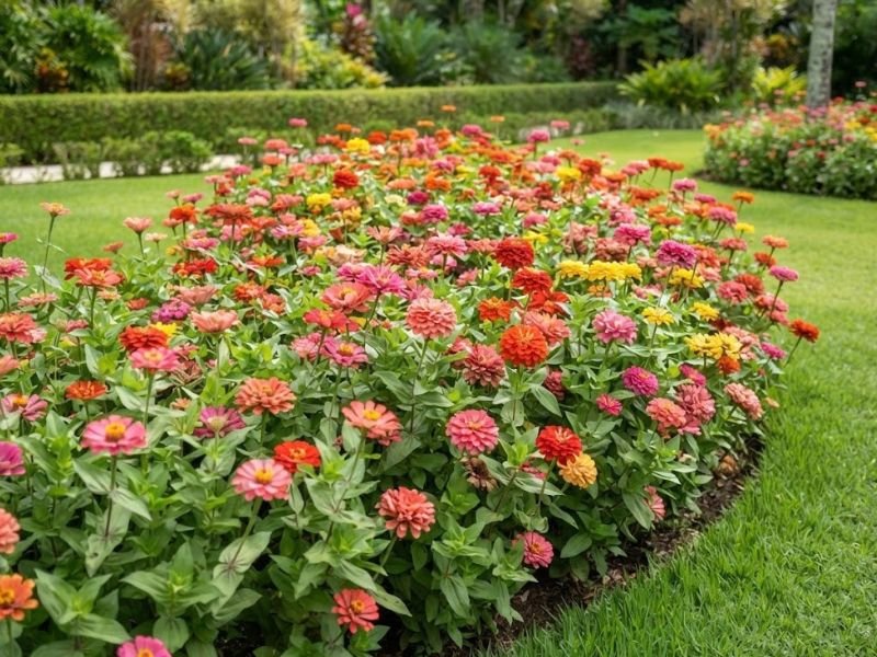 Maciço de zínias coloridas cultivadas em jardim residencial