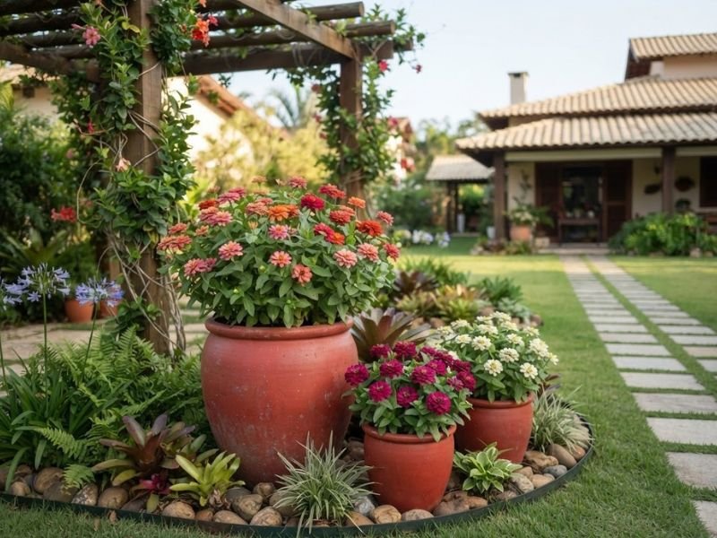 Zínias compactas coloridas cultivadas em vasos integrados ao canteiro do jardim